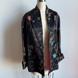 Vintage MAXFIELD Reversible Black & Magenta Chinese Embroidered Satin Jacket